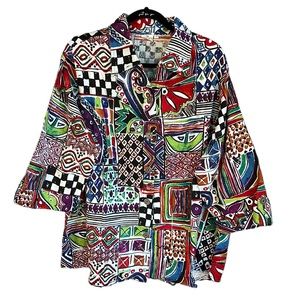 NWOT Parsley & Sage Graphic Abstract Cotton Button Down Top Boho Artsy Retro